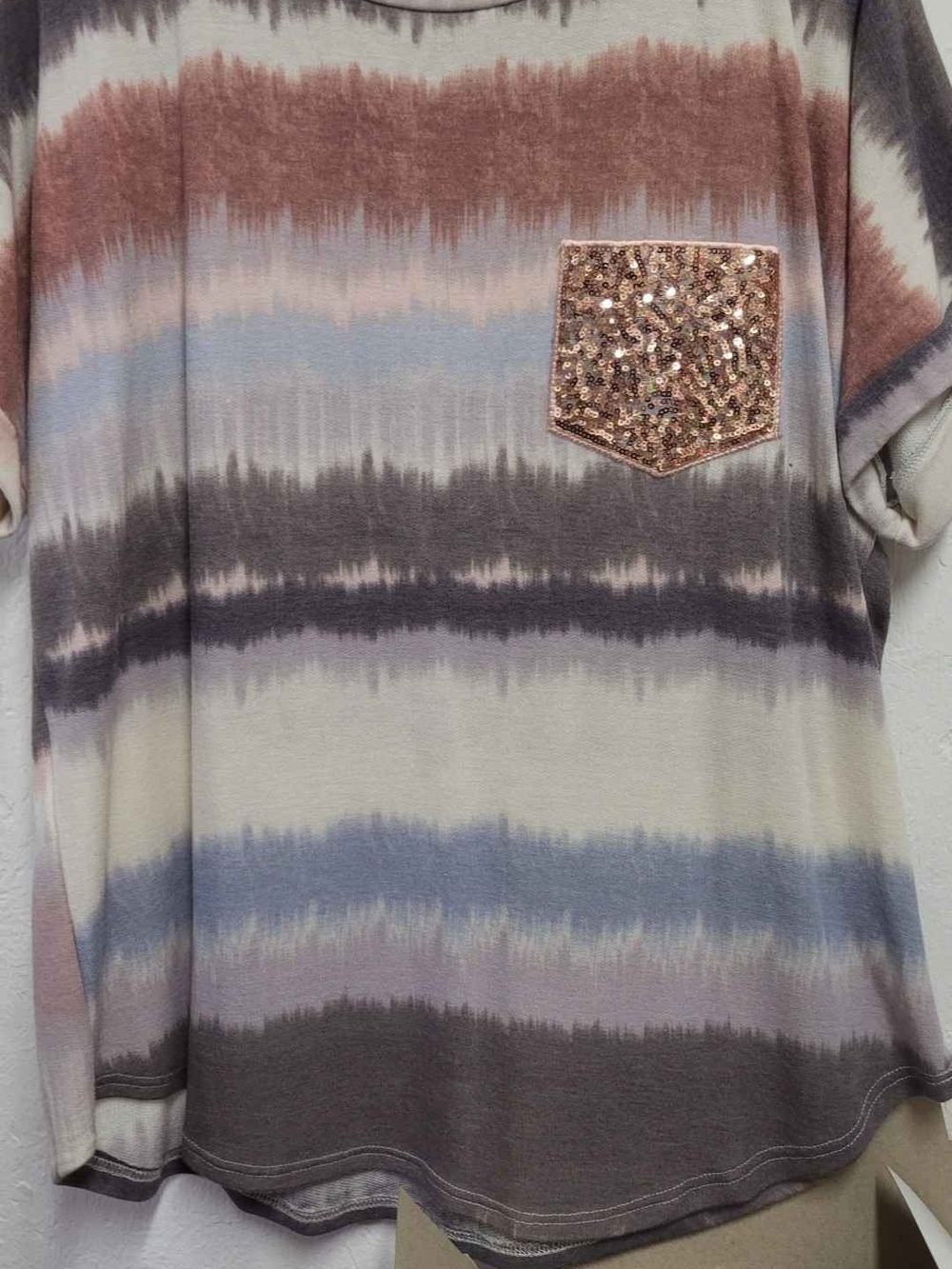 7th Ray Taupe Blue Striped Short Sleeve Top with Sequin Pocket